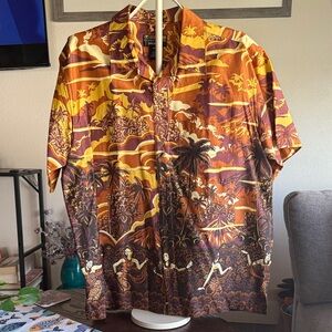 Vintage-Inspired Tropical Print Short Sleeve Shirt - Yellow/Brown
